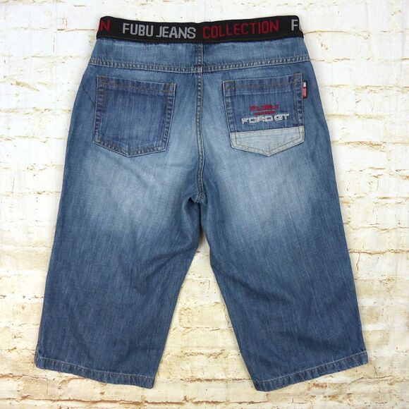 VTG FUBU Collection X Ford Denim Shorts Mens 29X17 Blue Logo Sporty Jorts Y2K - Picture 2 of 12